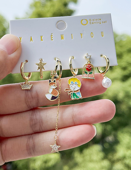 Juego De 6 Aretes De Cadena Con Colgante De Zorro De Principito Con Aceite De Goteo De Circón Con Incrustaciones De Cobre