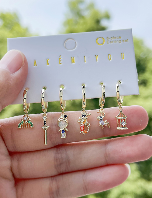Juego De 6 Aretes Colgantes De Personaje De Dibujos Animados De Circón Con Incrustaciones De Cobre