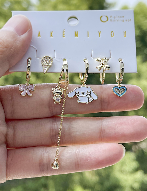 Juego De 6 Pendientes De Cadena Con Colgante De Corazón De Oso De Dibujos Animados Con Goteo De Aceite De Circón Con Incrustaciones De Cobre