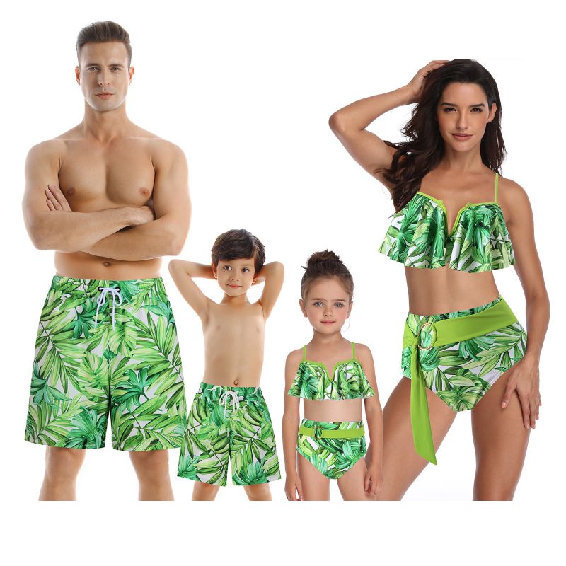 Conjunto De Traje De Baño De Tres Piezas Para Padres E Hijos Con Estampado De Poliéster.