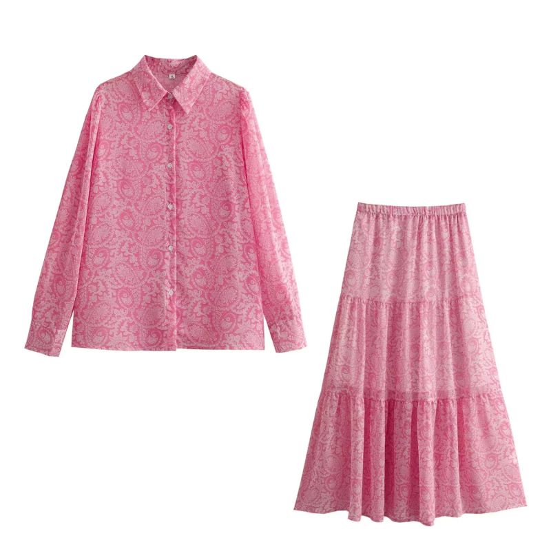 Traje Falda Camisera De Poliéster Con Estampado De Solapa