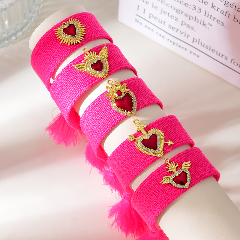 Pulsera De Borla Trenzada De Tela De Amor Irregular Con Circonitas Con Incrustaciones De Cobre