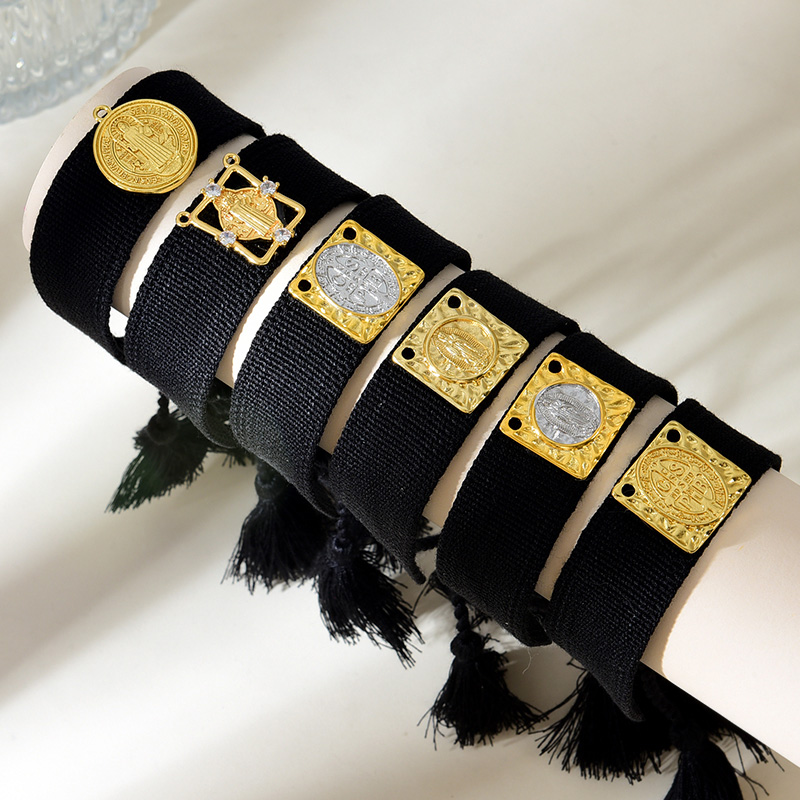 Pulsera De Borlas Trenzadas De Tela Con Retrato Cuadrado De Cobre