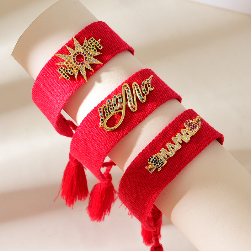 Pulsera De Borla Trenzada Mama Con Letras De Circonio Con Incrustaciones De Cobre