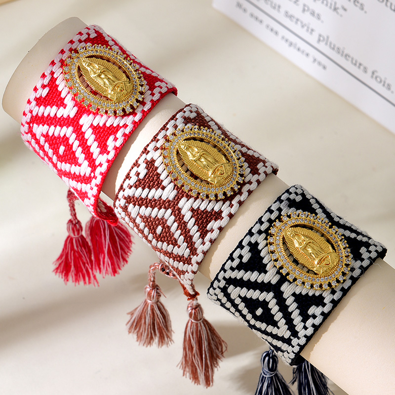 Pulsera De Borla Trenzada Con Patrón Geométrico De Retrato De Circonita Con Incrustaciones De Cobre