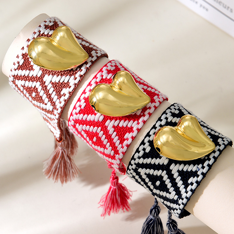 Pulsera De Borla Trenzada Con Patrón Geométrico De Corazón De Cobre