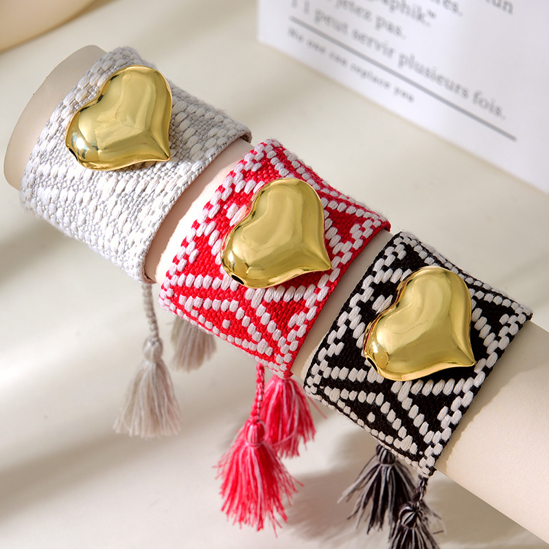 Pulsera De Borla Trenzada Con Patrón Geométrico De Corazón De Cobre