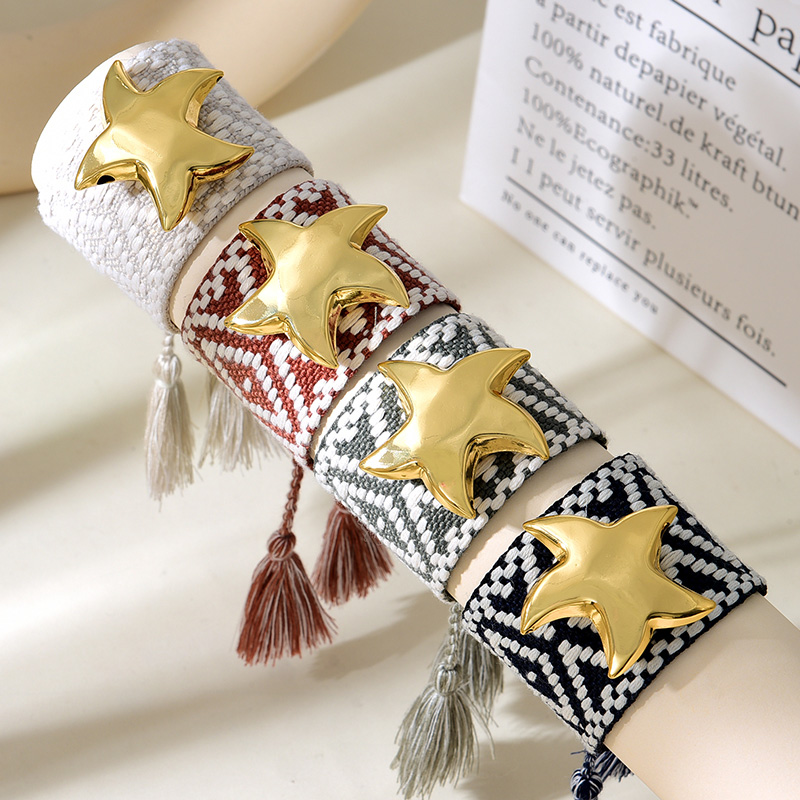 Pulsera De Borla Trenzada Con Patrón Geométrico De Estrella De Cinco Puntas De Cobre