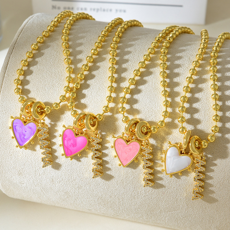 Collar De Cuentas Con Colgante De Amor Con Gota De Aceite De Mamá Y Circón Con Incrustaciones De Cobre (3 Mm)