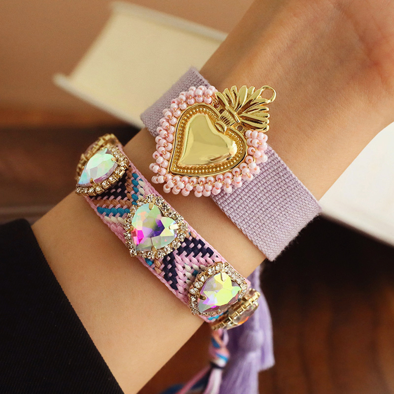 Conjunto De Dos Piezas De Cuentas De Arroz Corazón De Amor Irregular Con Incrustaciones De Pulseras De Borlas Trenzadas De Diamantes