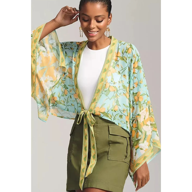 Chaqueta De Protección Solar Kimono Estampada De Poliéster
