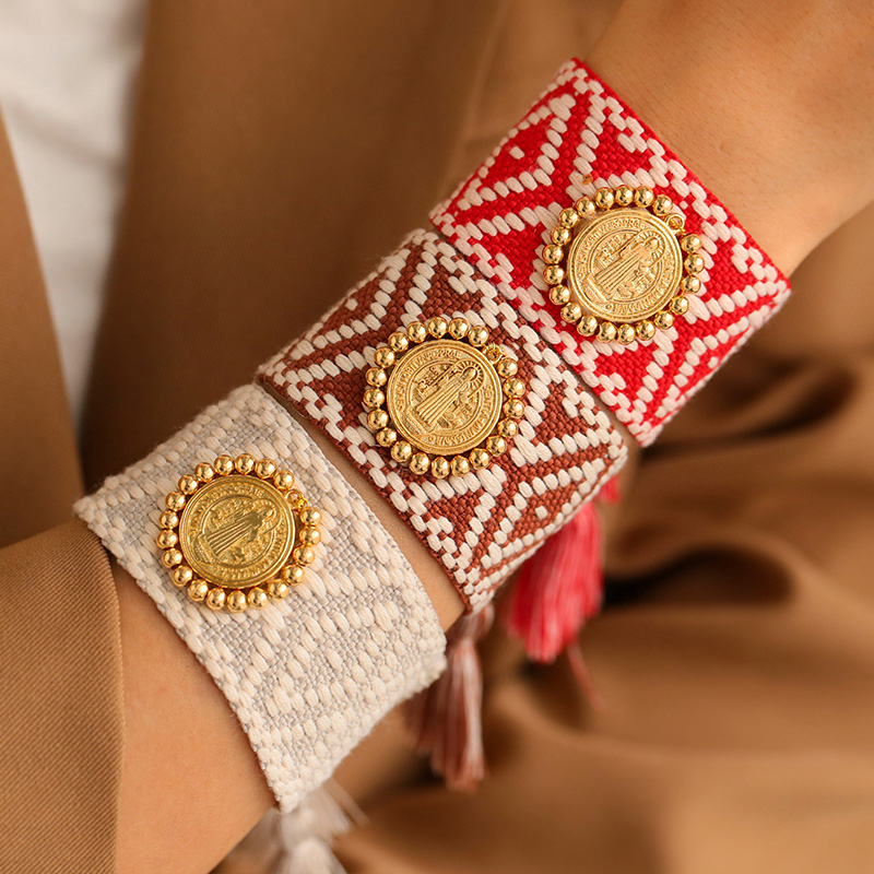 Pulsera De Borla Con Patrón Ancho Trenzado Con Figura Redonda Con Cuentas De Cobre