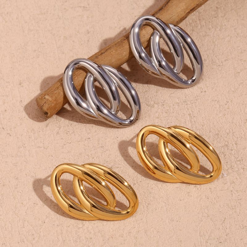 Pendientes Hebilla Doble Anilla De Acero Bañado En Oro