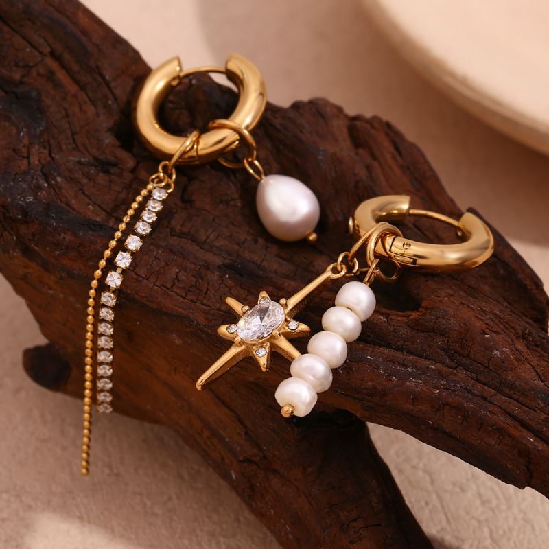 Pendientes Asimétricos Con Forma De Estrella Y Perlas De Diamantes