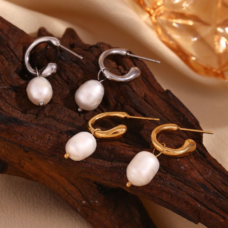 Pendientes De Perlas De Acero Inoxidable Bañados En Oro