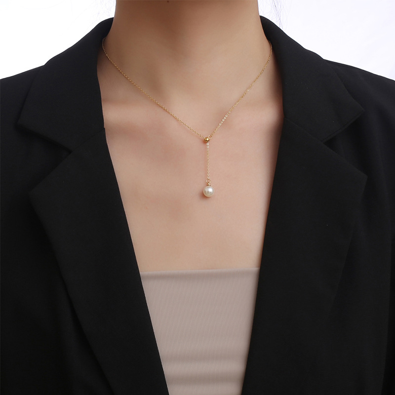 Collar En Forma De Y Con Perlas De Acero Y Titanio