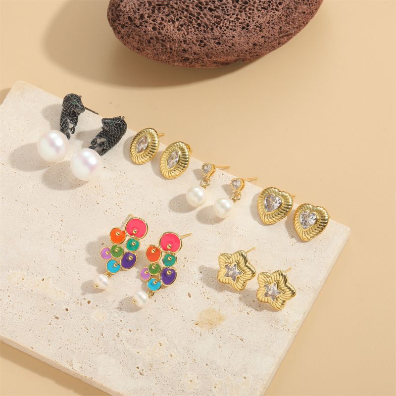 Pendientes Colgantes Geométricos De Perlas Y Diamantes De Cobre