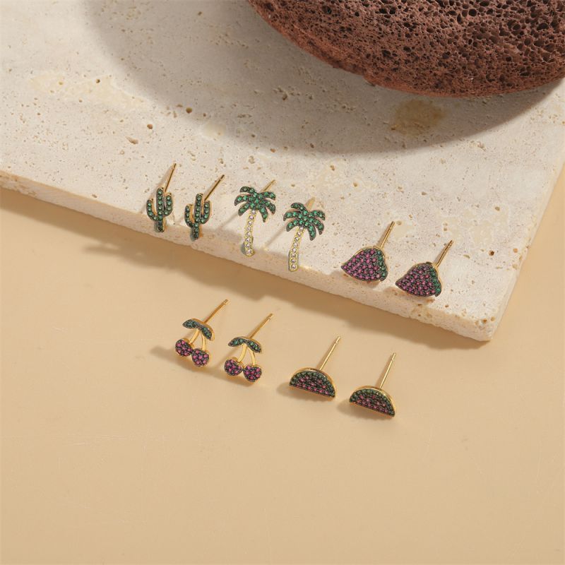 Pendientes De Cereza De Cobre Bañados En Oro Con Diamantes