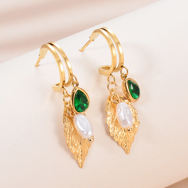 Pendientes Hoja De Acero Con Perlas Imitación Diamantes