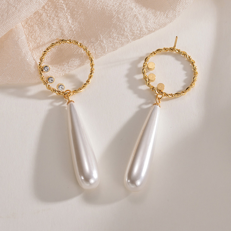 Pendientes De Perlas En Forma De Gota De Acero Con Diamantes