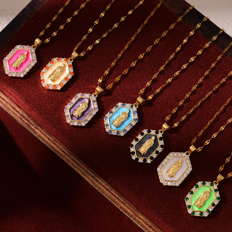 Collar Con Colgante De Retrato Con Goteo De Aceite De Circonio Y Acero De Titanio Con Incrustaciones