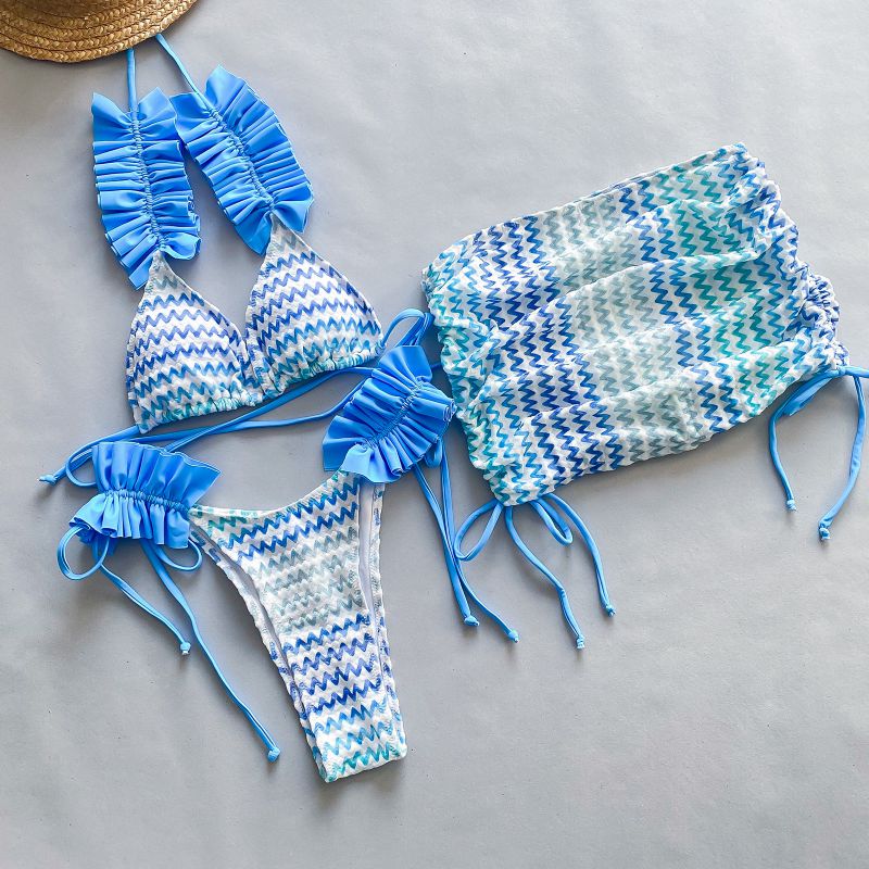 Conjunto De Bikini Y Bañador De Tres Piezas Con Cordones Y Estampado Plisado De Nailon