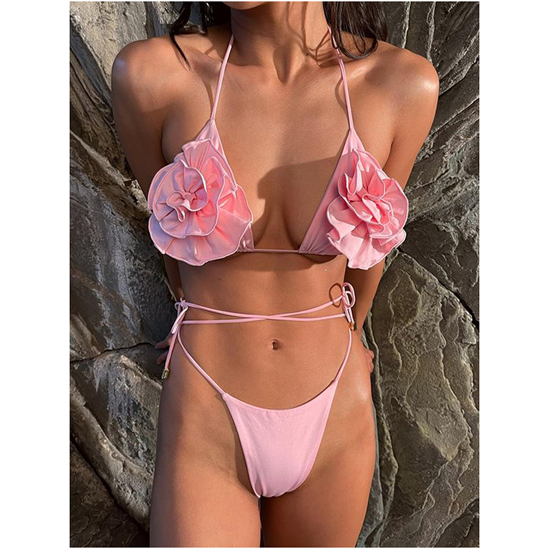 Bikini De Traje De Baño Dividido Con Flores Tridimensionales De Nailon