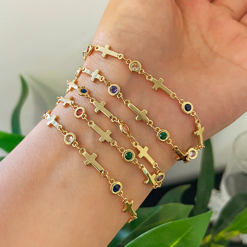 Pulsera Cruz Redonda Circonitas Engastadas Cobre