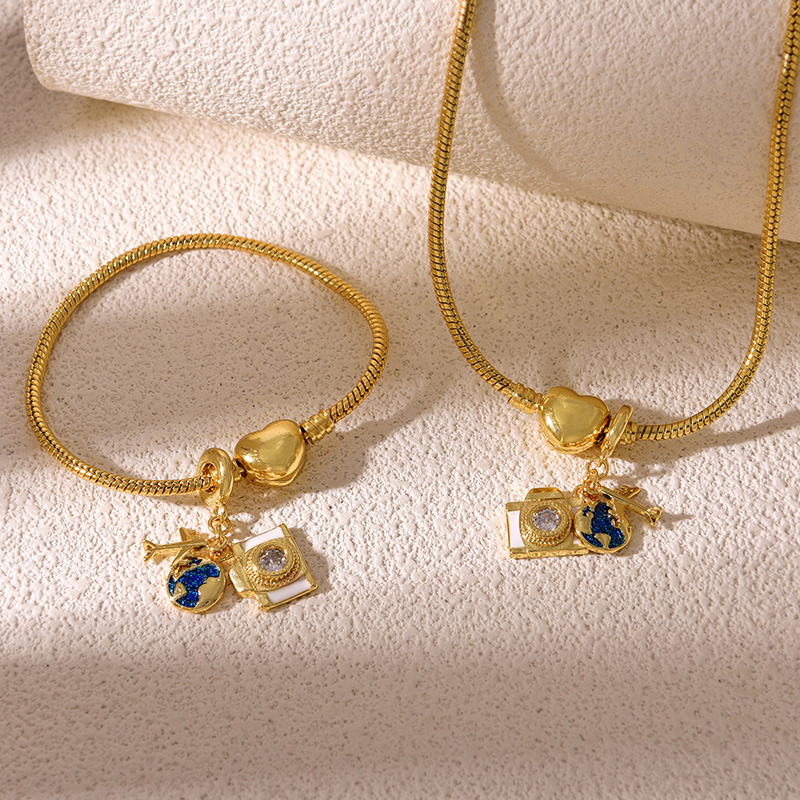 Pulsera Con Hebilla De Amor Con Colgante Mundial De Globo De Circonio Con Incrustaciones De Cobre