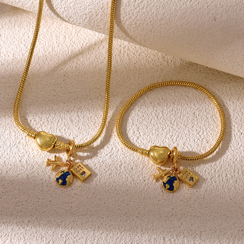 Pulsera Con Hebilla De Amor Con Colgante Mundial De Globo De Circonio Con Incrustaciones De Cobre