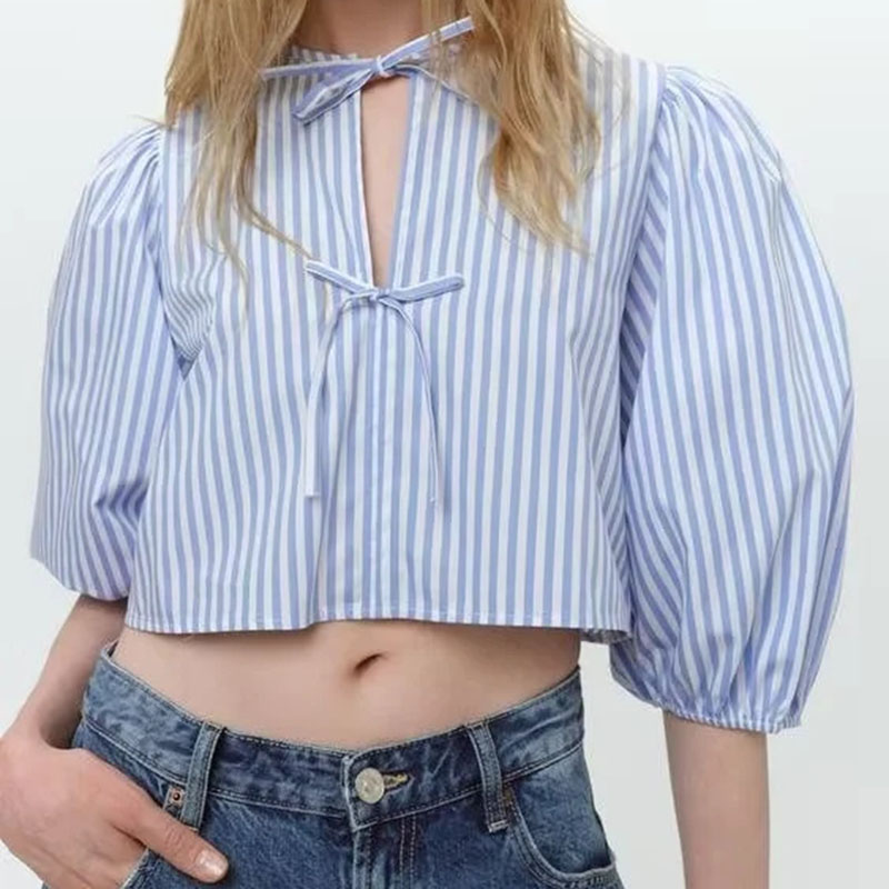 Camisa De Poliéster Con Cordones Y Mangas Abullonadas