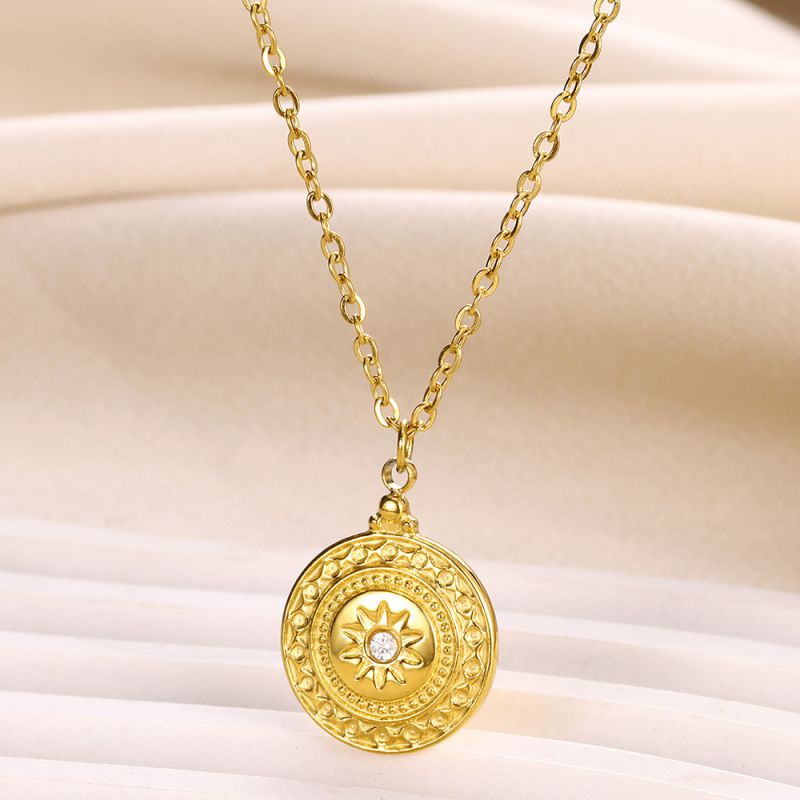 Collar Sol Redondo De Acero Con Circonitas