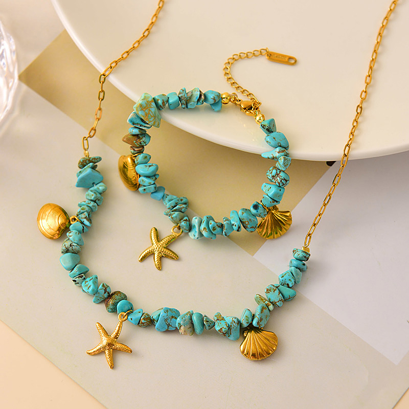 Pulsera Con Cuentas De Piedra Natural Y Concha De Estrella De Mar De Acero Y Titanio