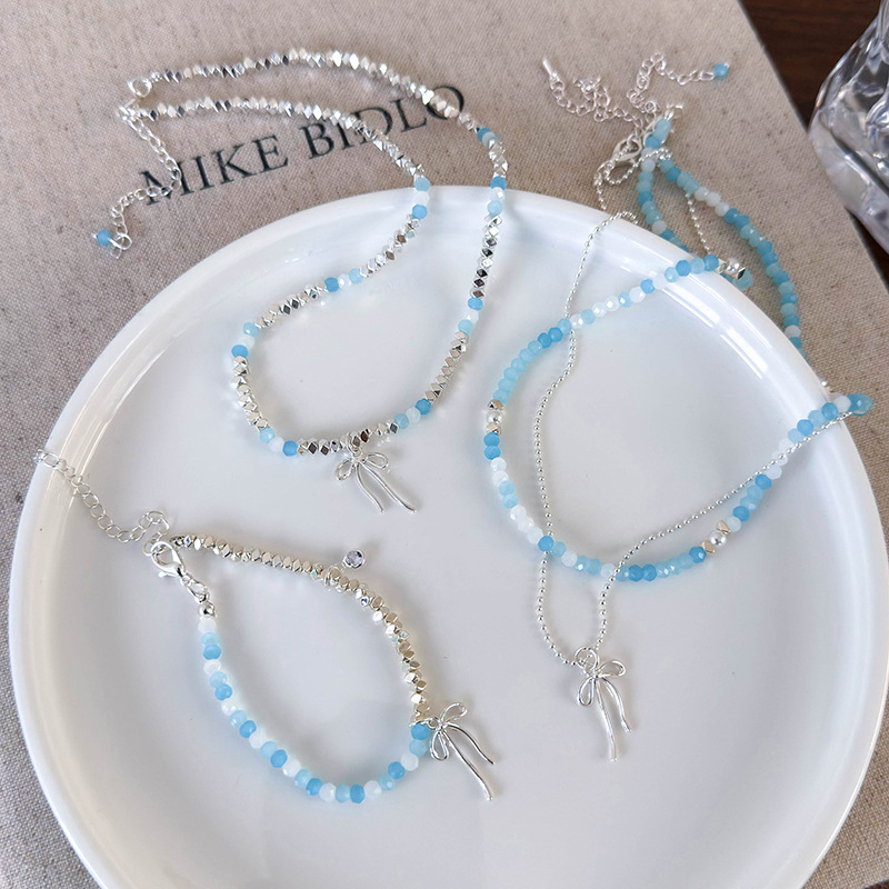 Collar De Lazo Con Cuentas De Plata Y Aguamarina