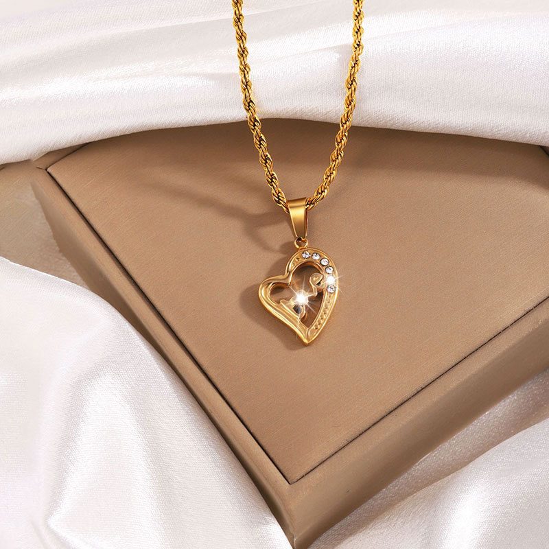 Collar De Corazón De Diamantes De Acero Titanio