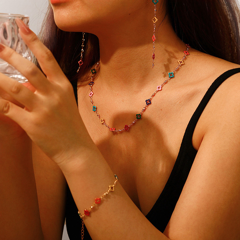 Conjunto De 4 Piezas De Pulsera Pendientes Y Collar De Flores Con Goteo De Aceite De Cobre