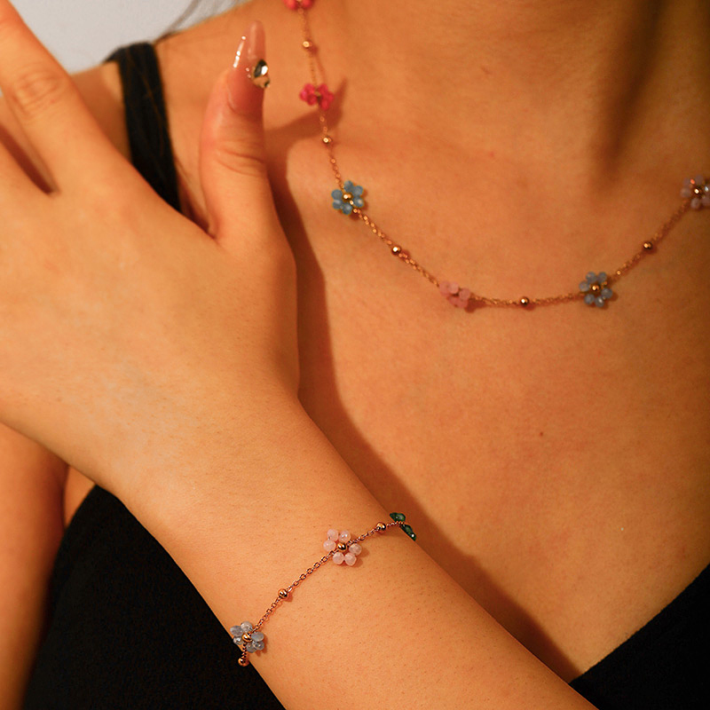 Conjunto De Pulsera Y Collar Con Cuentas Redondas De Cobre Y Flores De Cuentas De Arroz