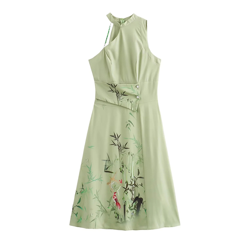 (talla Grande) Vestido Estampado Con Cuello Halter Sin Mangas Hasta La Rodilla