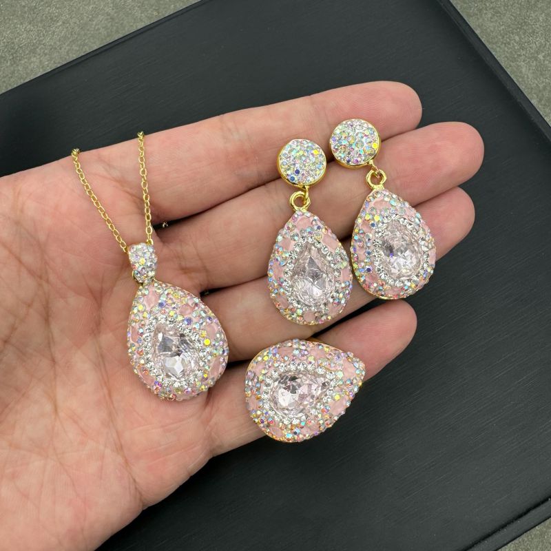 Conjunto De Anillos Y Pendientes Con Collar De Cristal En Forma De Lágrima