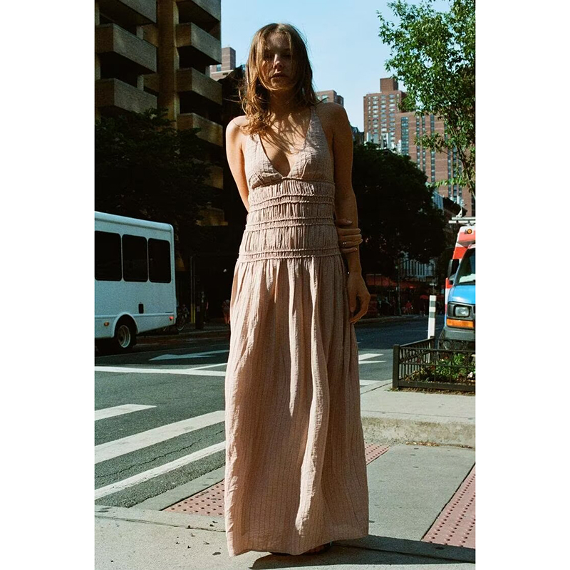 Vestido Largo Sin Mangas Con Pliegues En Mezcla