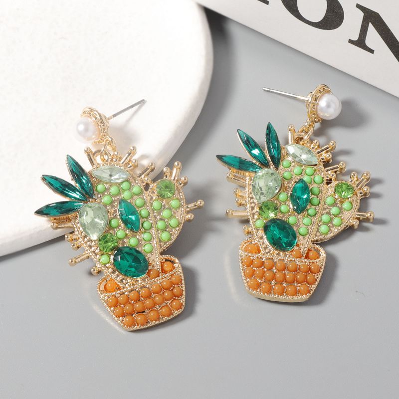Pendientes De Cactus Con Perlas De Imitación De Circonio Con Incrustaciones De Aleación