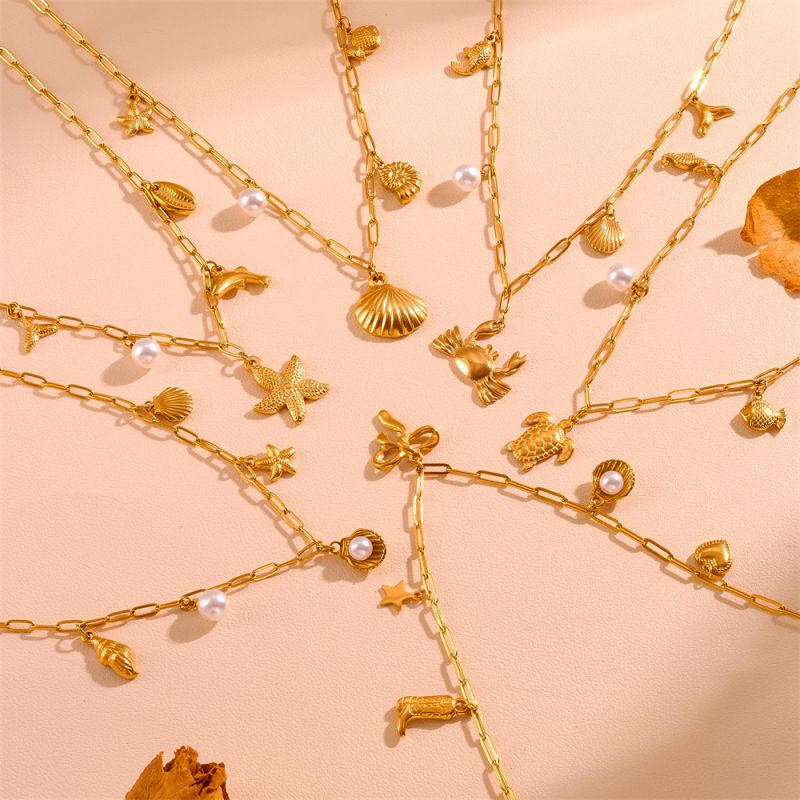 Collar De Acero De Titanio Con Forma De Estrella De Mar Y Perla