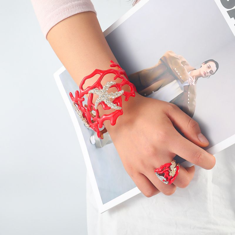 Conjunto De Pulsera Y Anillo De Aleación Con Diamantes Y Estrellas De Mar De Coral Irregulares