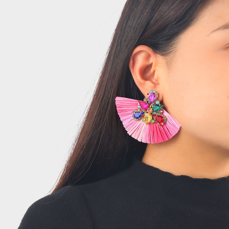 Pendientes En Forma De Abanico De Rafia Trenzada Con Diamantes De Imitación De Colores