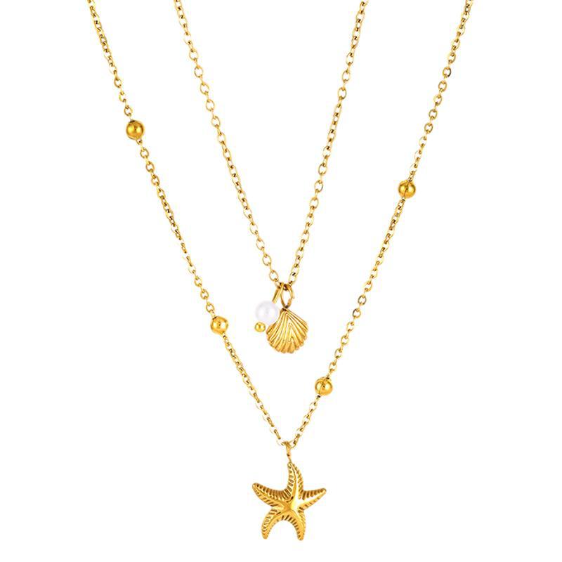 Collar De Doble Capa De Acero De Titanio Con Forma De Estrella De Mar Y Concha