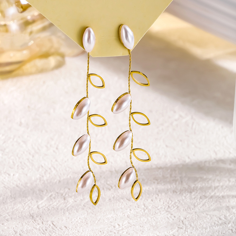 Pendientes De Acero Inoxidable Con Forma De Hoja De Sauce Y Perla