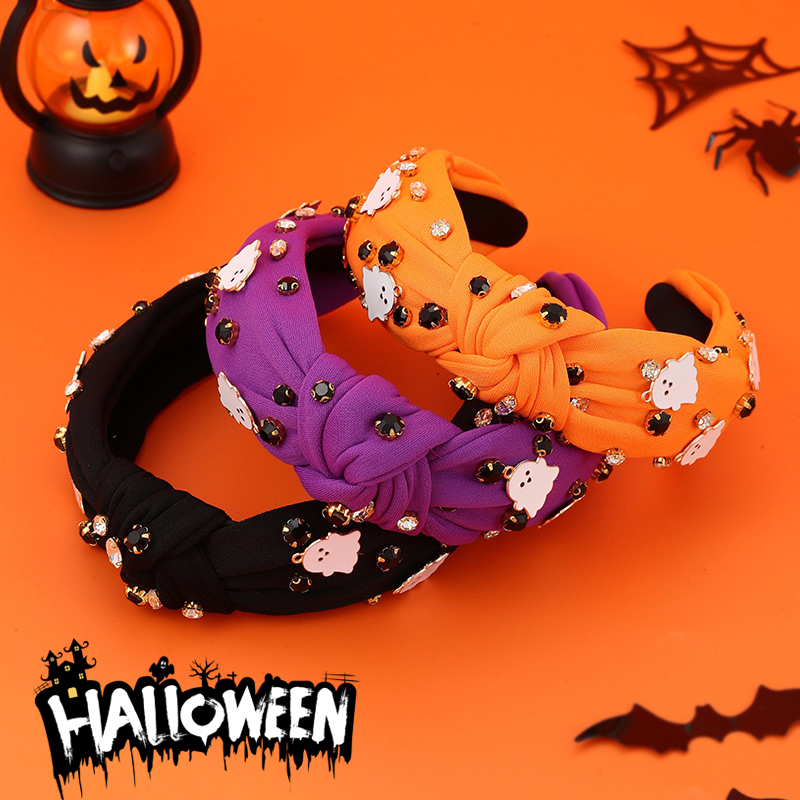 Diadema De Tela Anudada Fantasma Con Goteo De Aceite De Dibujos Animados Con Incrustaciones De Diamantes De Halloween