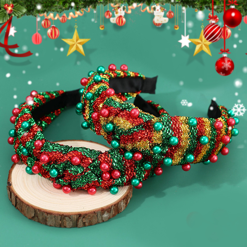 Diadema Anudada De Tela De Perlas A Rayas De Colores De Contraste Navideño