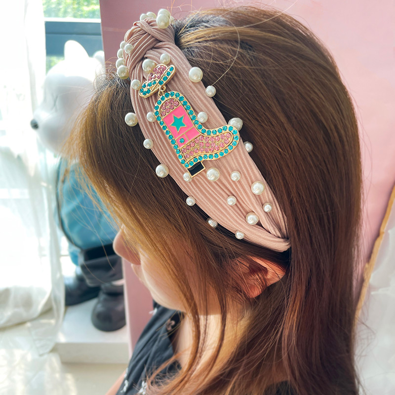 Botas De Tela Con Diamantes De Aleación Y Diadema Con Nudo De Perlas