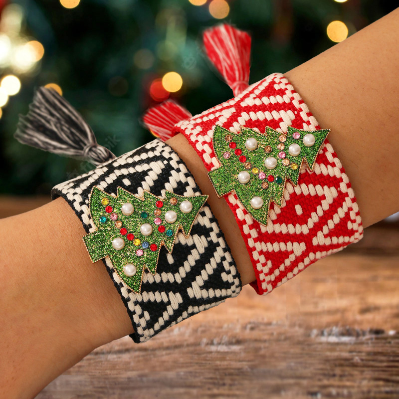 Pulsera De Borlas Trenzadas Con Árbol De Navidad Perlas Y Diamantes De Aleación